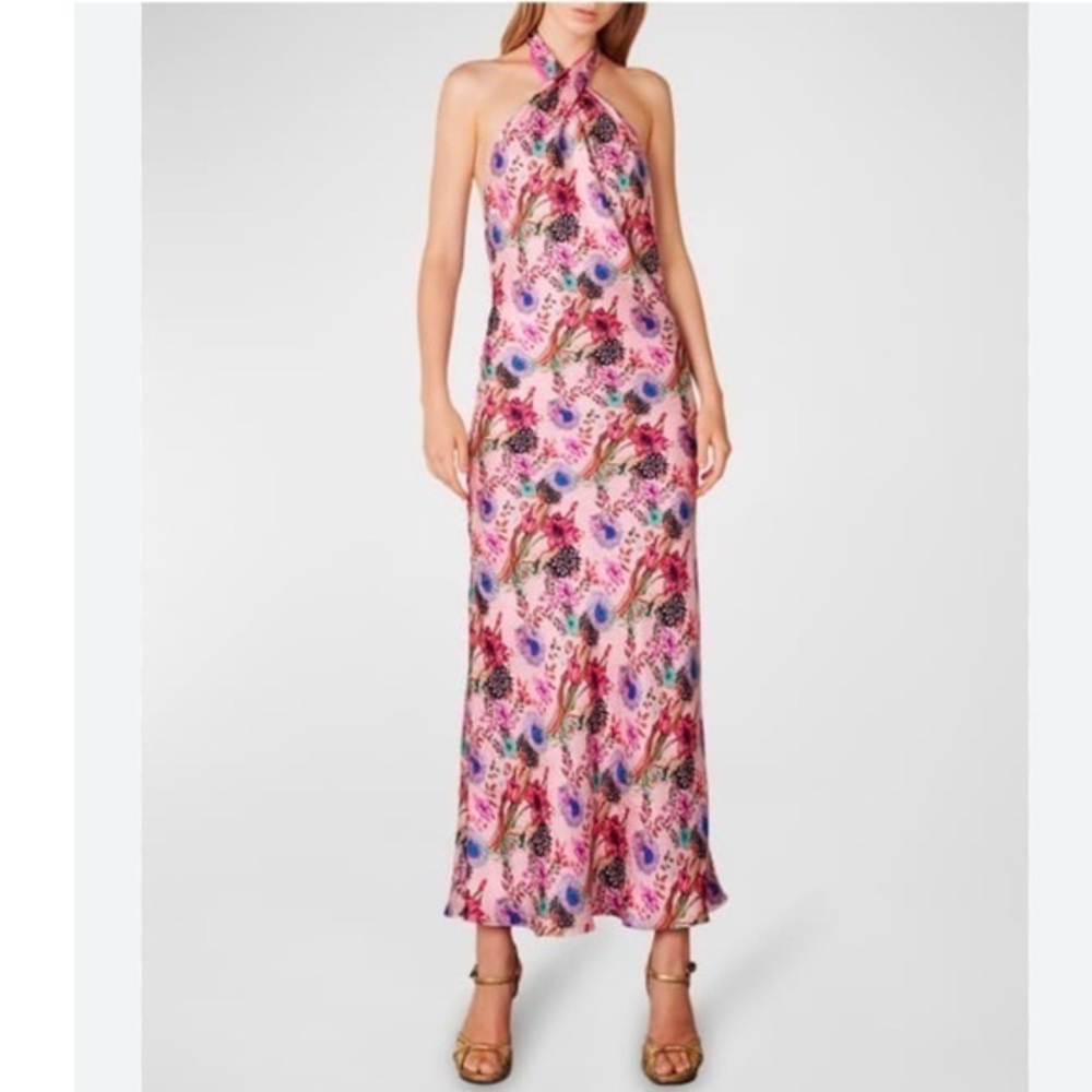 NWT Adriana Iglesias Dress Paola Maxi Floral-Print Crossover Halter in Pink